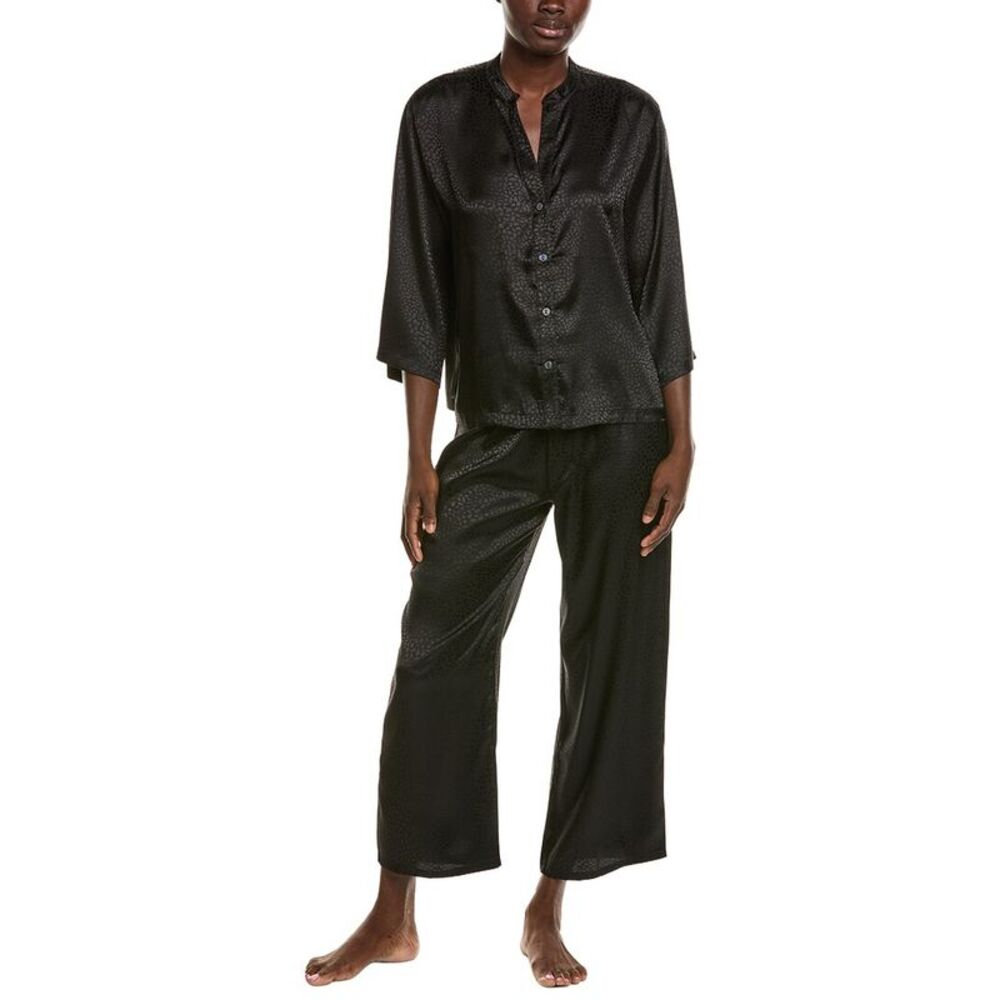 N Natori Womens 2Pc Wilderness Satin Jacquard Button Down Pajama Set, Black